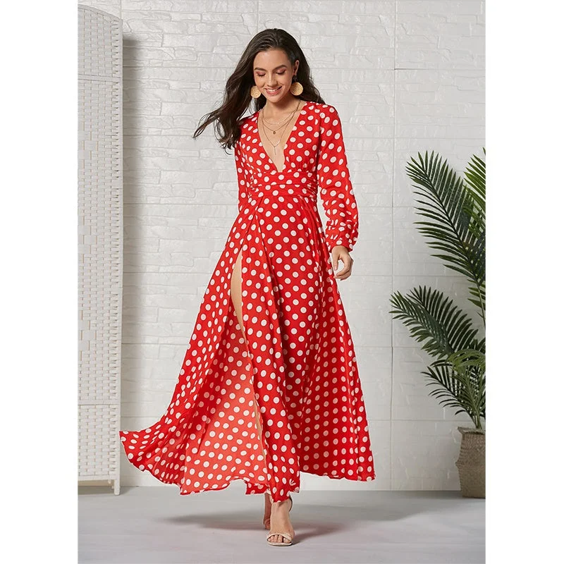 Fashion Layers KittenAlarm - Deep V Neck Long Sleeve Dresses Dot Print Large Swing Slit Hem Dress Fashion Layers KittenAlarm - Deep V Neck Long Sleeve Dresses Dot Print Large Swing Slit Hem Dress