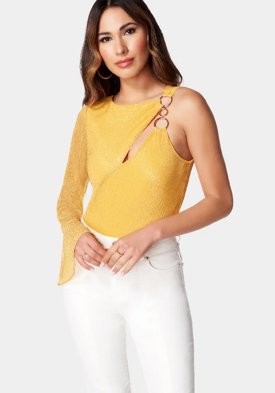 Asymmetric Bubble Sleeve Ring Detail Knit Top