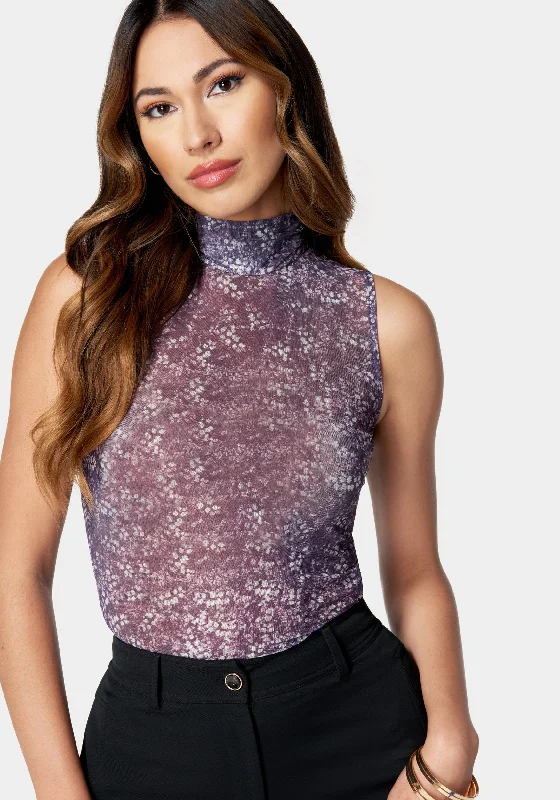 Printed Mock Neck Mesh Top