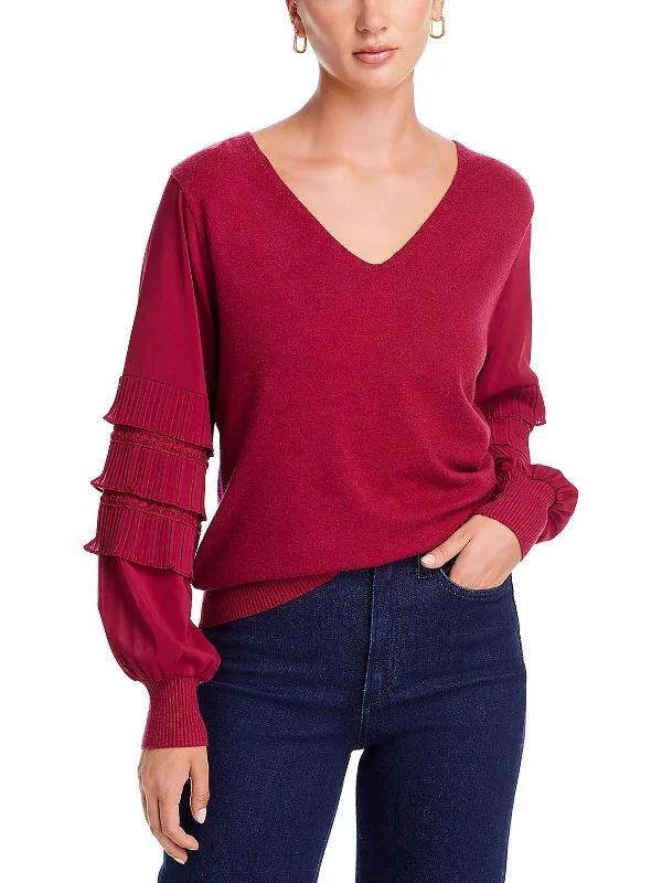 Womens Mixed Media V-Neck Pullover Sweater