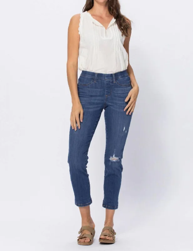 Distressed Boyfriend Pull-On Jeans In Blue