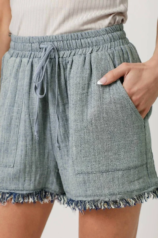 Double Gauze Fringe Denim Shorts In Denim Blue