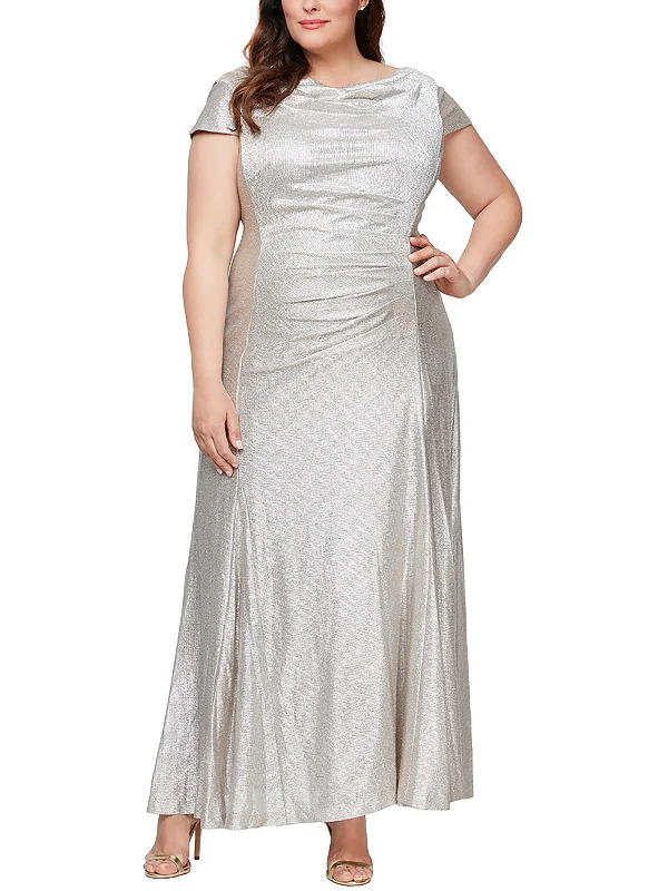 Plus Womens Metallic Ruched Evening Dress