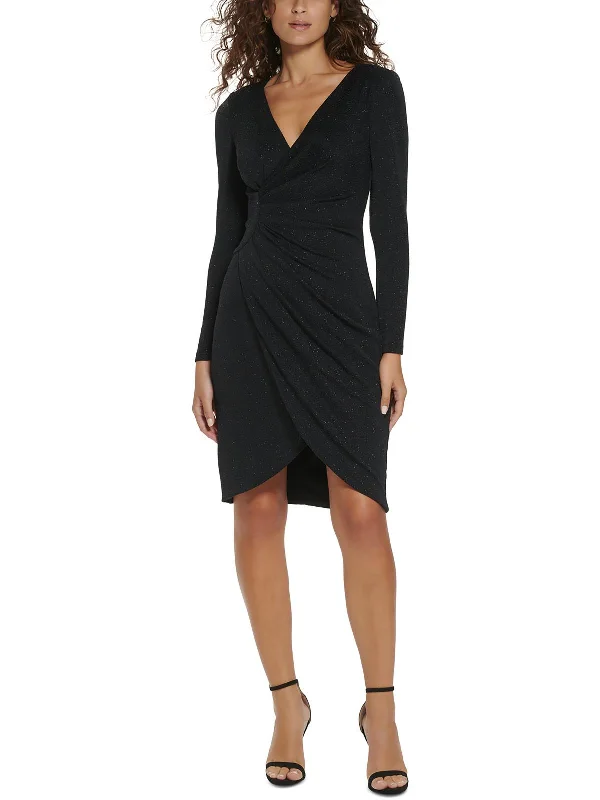 Womens Gathered Knee Length Wrap Dress