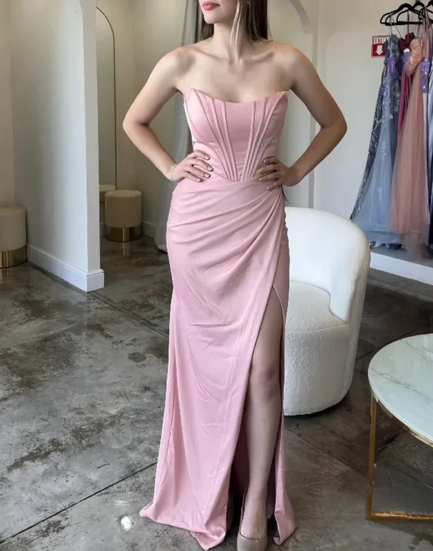 Pink Strapless Sheath Simple Long Party Dress, DP2626