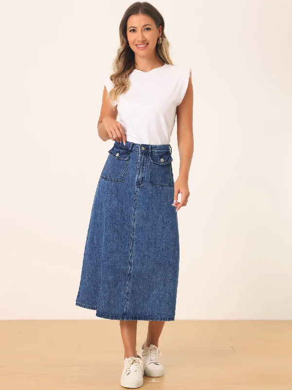 Casual High Waisted Flap Pocket A-Line Long Denim Jean Skirt