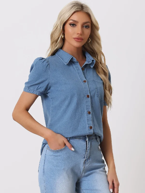 Denim Collared Short Puff Sleeve Chest Pocket Button Up Shirt