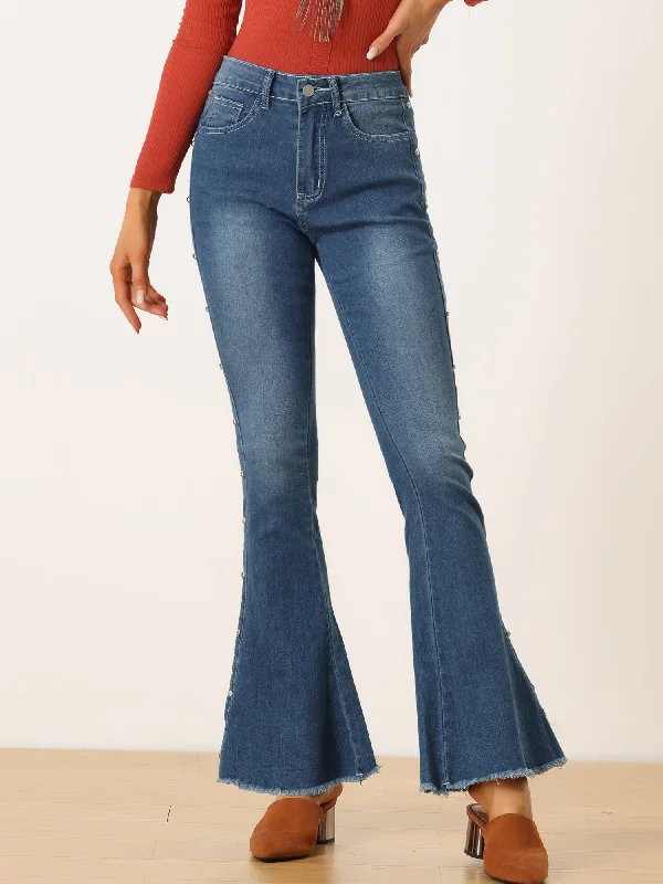 Bell Bottom Jeans Beaded Raw Hem Casual Denim Pants