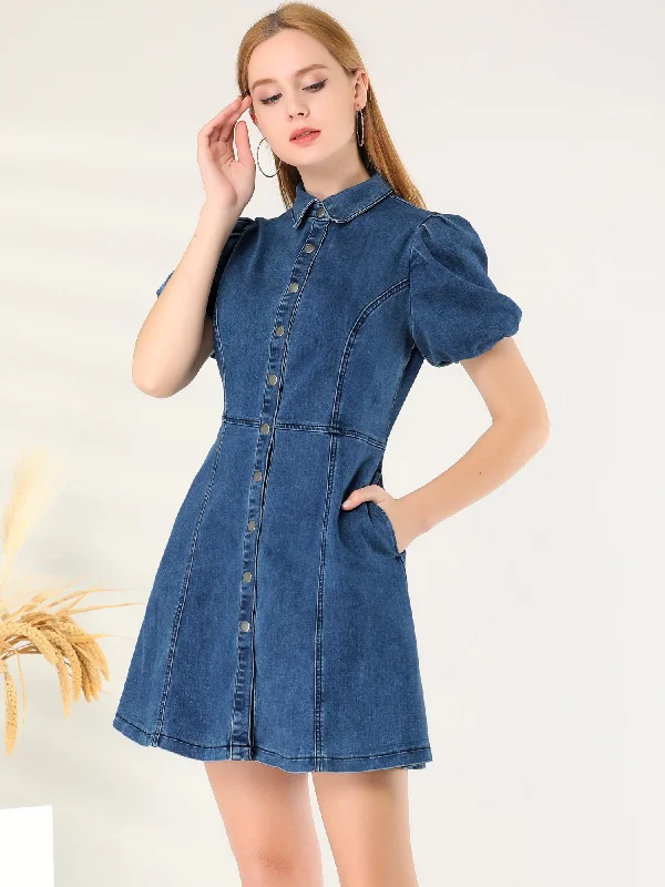 Denim Puff Short Sleeve Collared Button Down Mini Dress