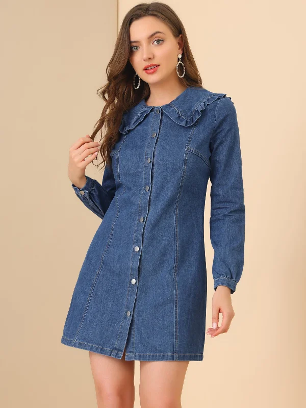 Button Down Long Sleeve Ruffle Collar Denim Over Knee Dress