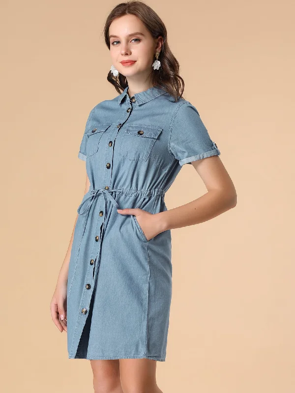 Chambray Tie Waist Summer Casual Button Down Denim Dress