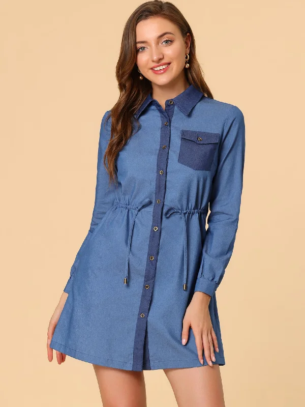 Denim Drawstring Waist Long Sleeve Contrast Chambray Shirt Dress