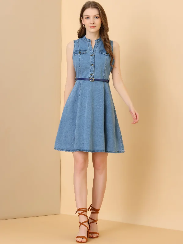 Denim Sleeveless V Neck Belted Flared Casual Jean Shirt Dress