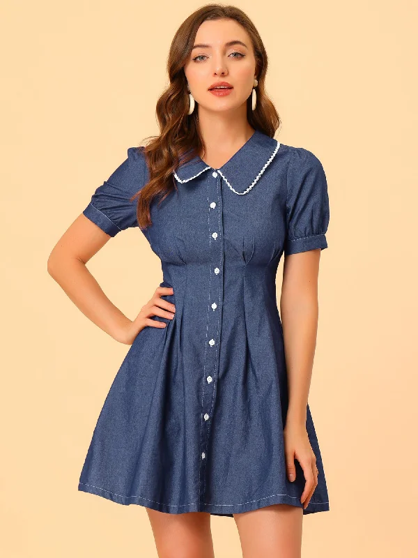 Chambray Puff Short Sleeve Flared Button Front Shirt Dress