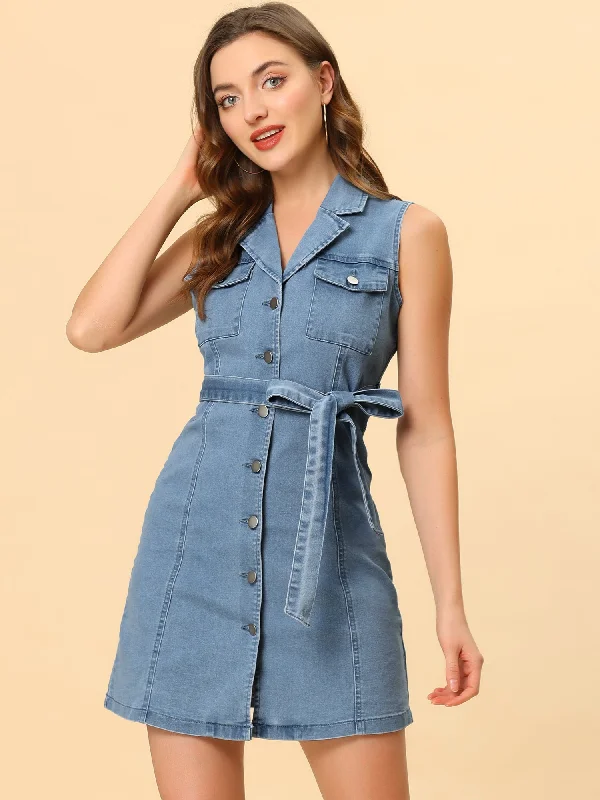 Button Down Notched Lapel Sleeveless Belted Denim Dress