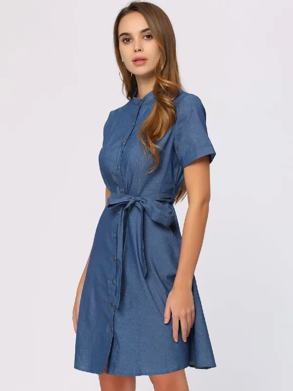 Lapel Button Down Short Sleeve Denim Chambray Shirt Dress