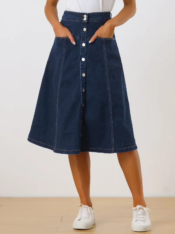 Stretchy High Waist Buttons Front A-Line Flowy Pockets Midi Skirt