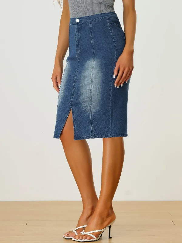 Slit Elastic High Waist Casual Stretch Bodycon Pencil Denim Skirt