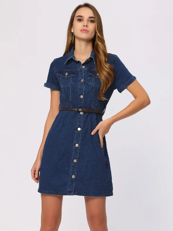 Denim Lapel Short Sleeve Belted Button Up Shirt Dress